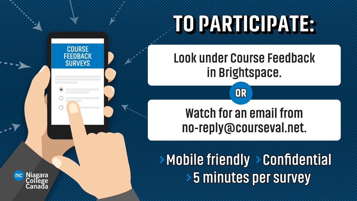 Last call! 📣 Today is the final day to complete your Course Feedback Surveys which give you an opportunity to provide honest feedback. Don't miss this chance to contribute your thoughts and help shape future courses at NC. For FAQs & resources, visit ⬇️ niagaracollege.ca/coursefeedback