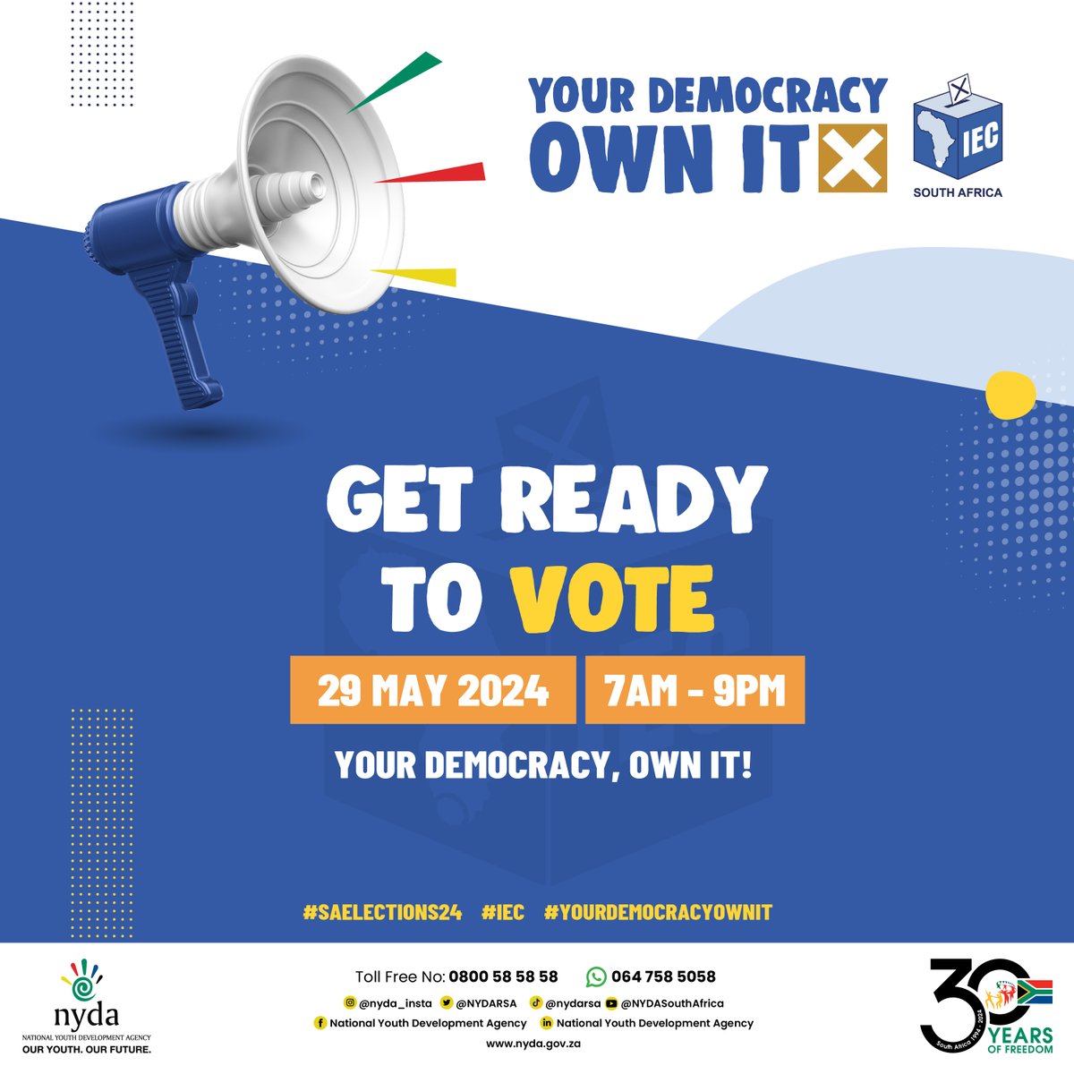 🗳️ Mark your calendars! 🗳️ 📅29 May 2024 📅 Exercise your right to vote between 7am to 9pm. 🕖 Your voice matters, so make sure to own your democracy! #GetReadyToVote #DemocracyInAction #ElectionDay #ExerciseYourRight #SAELECTIONS24 #IEC #YOURDEMOCRACYOWNIT