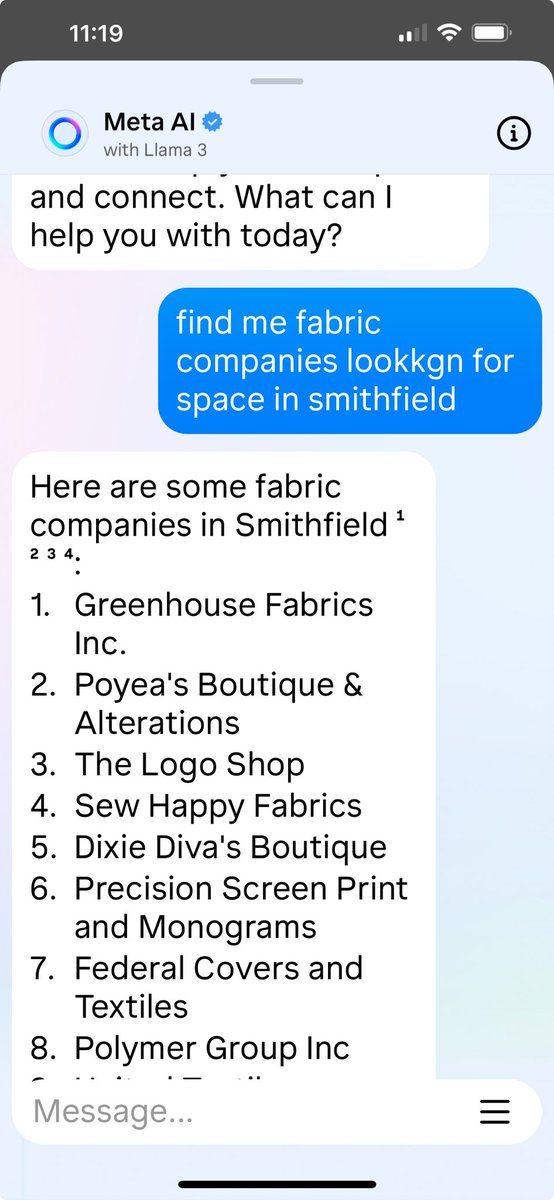 Thanks ⁦<a href="/Bethazor1/">Beth Azor, “Canvassing Queen”</a>⁩ ! I asked Meta AI - find me fabric companies looking for space to lease in Smithfield, NC and I got this!