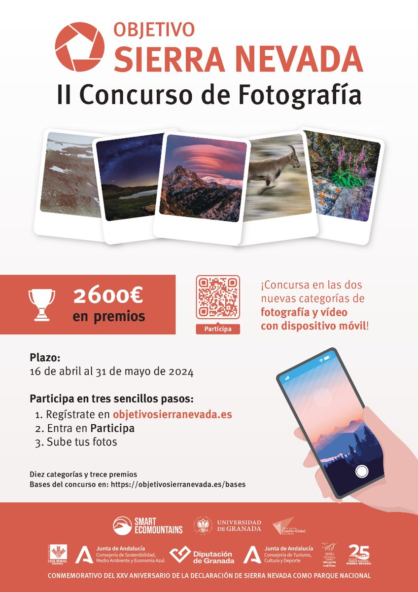 📷 Ya está aquí la segunda edición del concurso de fotografía dedicado a @websierranevada, e incluye novedades 🏔️En 'Objetivo Sierra Nevada' se han incorporado las temáticas de fotografías y vídeos capturados con dispositivos móviles +Info⬇️ sl.ugr.es/0dYg