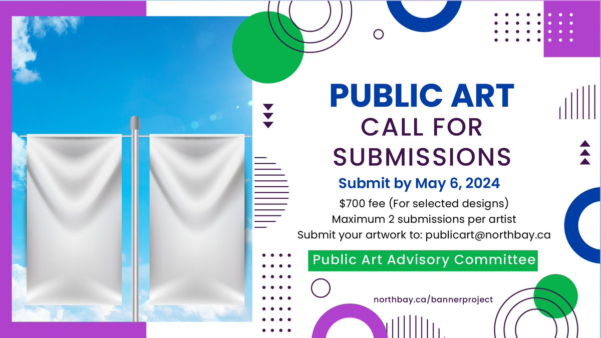 cityofnorthbay's tweet photo. Calling all artists! The City’s Public Art Advisory Committee is seeking art and design submissions for banners mounted onto the light posts along the Lakeshore Drive overpass leading into the West Ferris and downtown areas. Learn more> https://t.co/2FSkV70X8X. https://t.co/zOMiVTlVZH