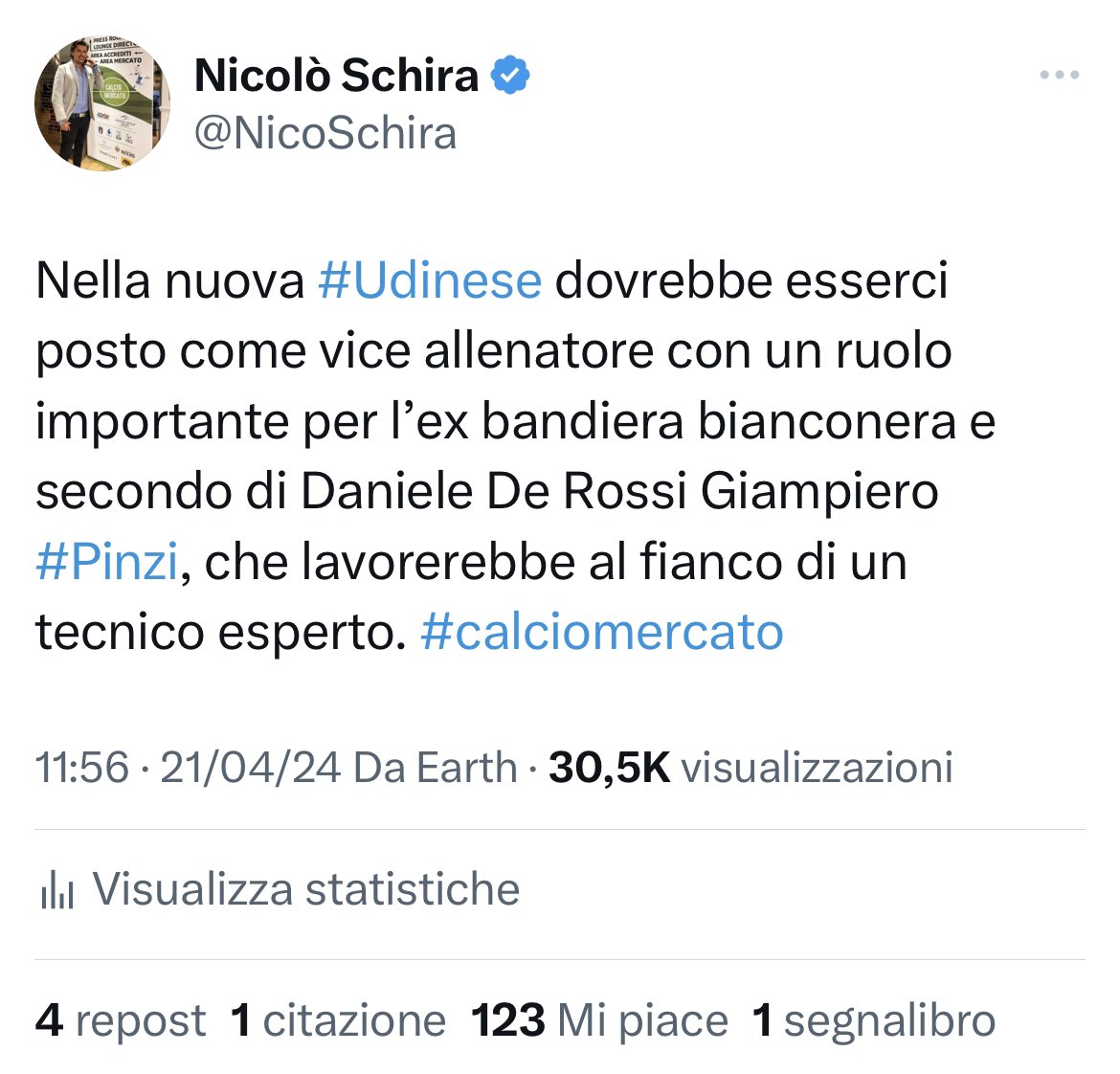 NicoSchira's tweet photo. Ora è ufficiale! Giampiero #Pinzi torna all’#Udinese. Farà parte dello staff di Cannavaro con un ruolo operativo. Toccherà a lui trasmettere ai giocatori senso di appartenenza ai colori bianconeri, aiutando il Campione del Mondo 2006 a inserirsi nel club friulano. #calciomercato https://t.co/ySl1SApANw