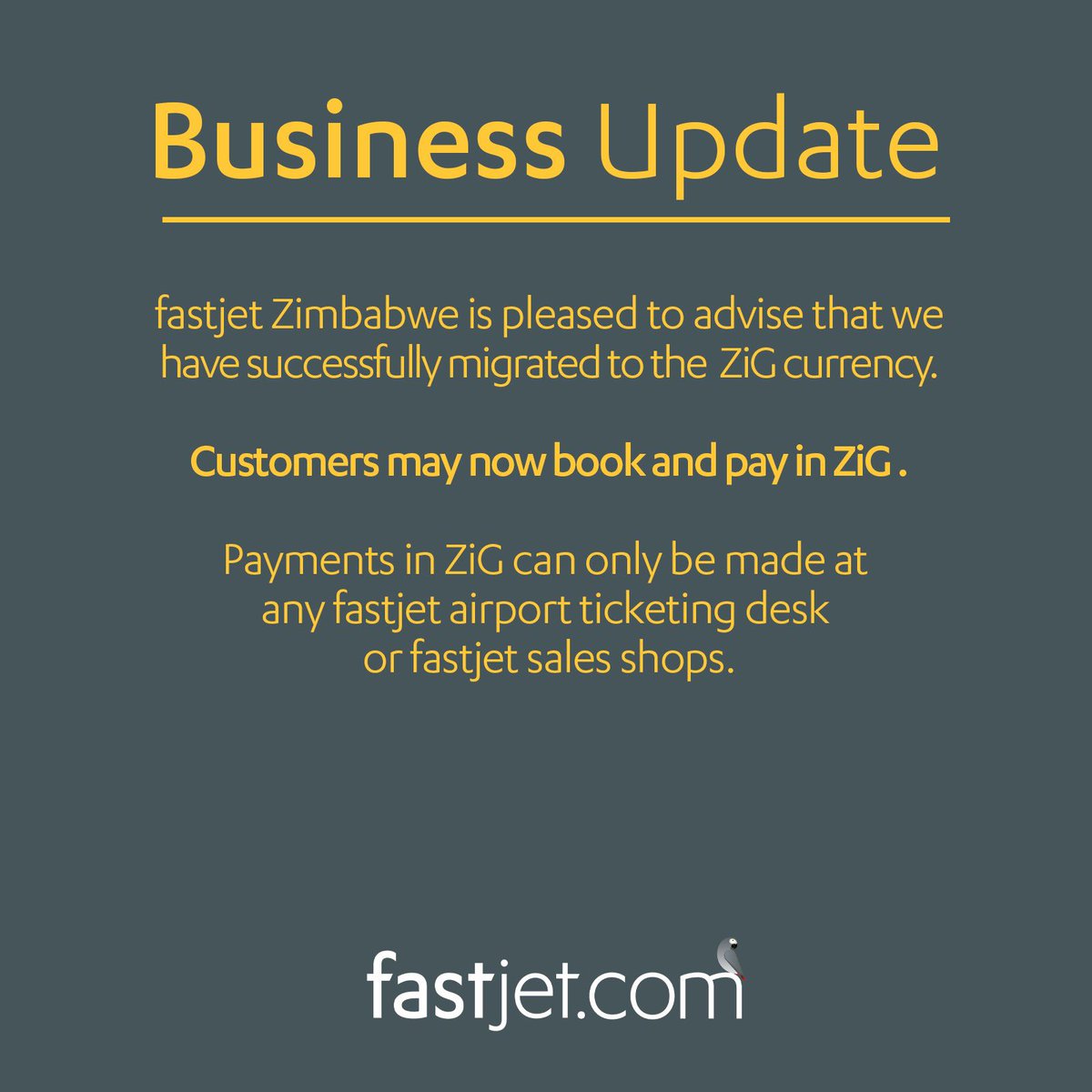 #ZiG @fastjet announces successful migration to the ZiG currency…. Folks can now pay for their air tickets in ZiG…. 

ZiG has to be useful & used EVERYWHERE… that’s what will make it a currency of choice…