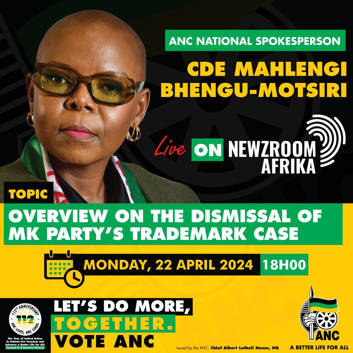 Catch the ANC National Spokesperson, Cde Mahlengi Bhengu-Motsiri live today on Newzroom Afrika at 18h00 as she gives an overview of the dismissal of the MK Party’s Trademark case #VoteANC #VoteANC2024 #LetsDoMoreTogether