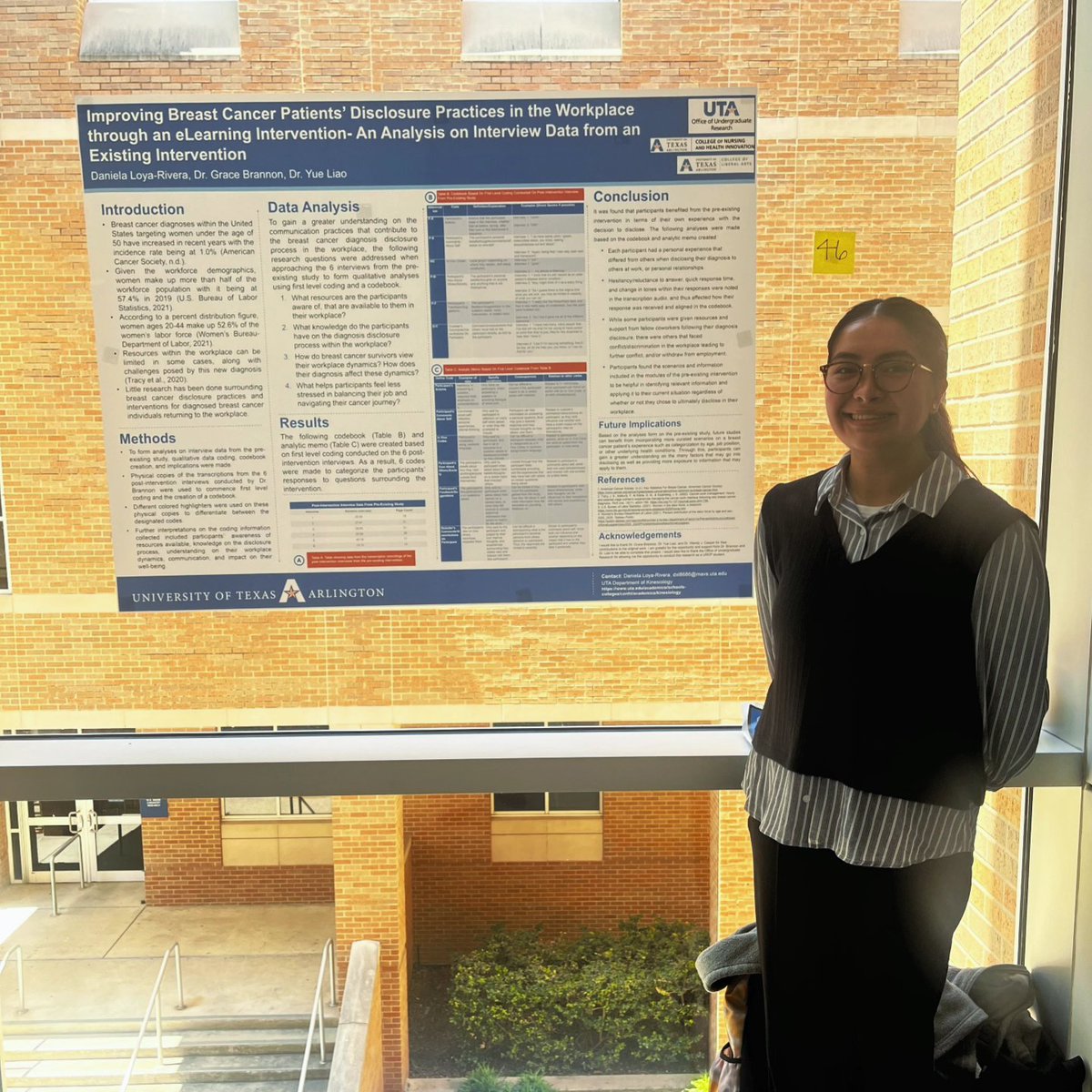 ThePAWSLab's tweet photo. Great job presenting your work at the New Voices Research Symposium, Daniela! 🎉 Daniela is a @HonorsUTA senior and @UTA_ugresearch UROP scholar working on our cancer patients disclosure project this semester. Thank you @Grace_E_Brannon for your mentorship! https://t.co/ftaZdqyxkT