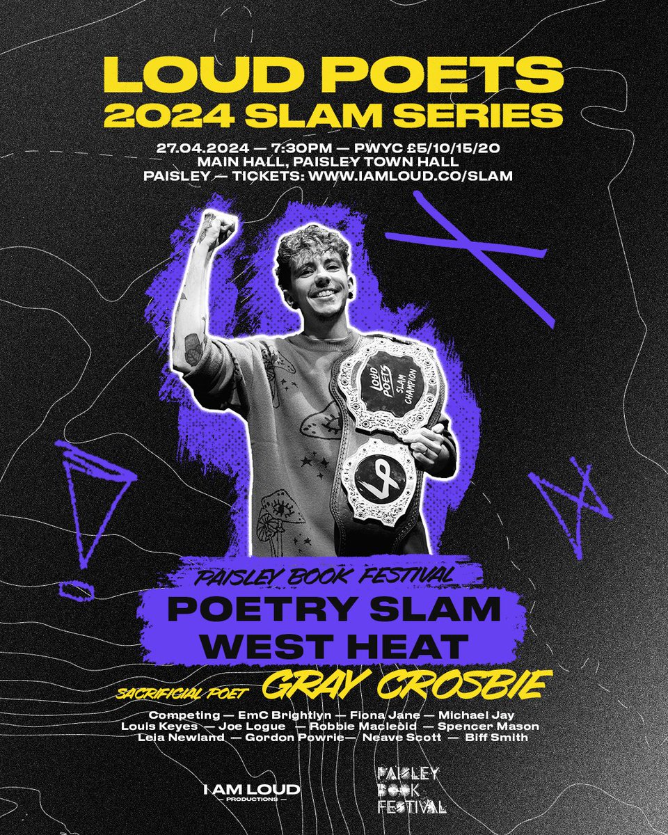 #Paisley! We'll see you this Saturday at @BookPaisley for our next slam! Join us at 7:30pm to see who will be the 2024 Loud Poets West Regional Champion... Tickets: paisleybookfest.com/programme/loud…