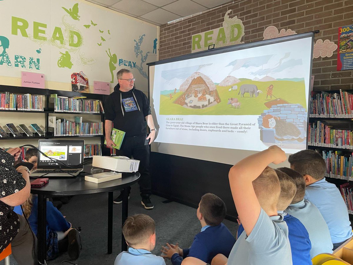P5 had a fabulous trip to Erskine library today as part of Paisley Book Festival. We met the author David MacPhail who taught us all about the history of Scotland.  He read us an excerpt of his book Velda the Awesomest Viking, and taught us about yetis 📚💙