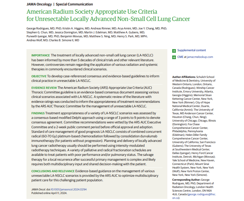 Evidence-based guidance on the management of unresectable locally advanced #NSCLC non-small cell #lungcancer scenarios is provided by the American Radium Society Appropriate Use Criteria (AUC) Thoracic Committee to optimize multiD patient care for #lcsm.
🫁jamanetwork.com/journals/jamao…