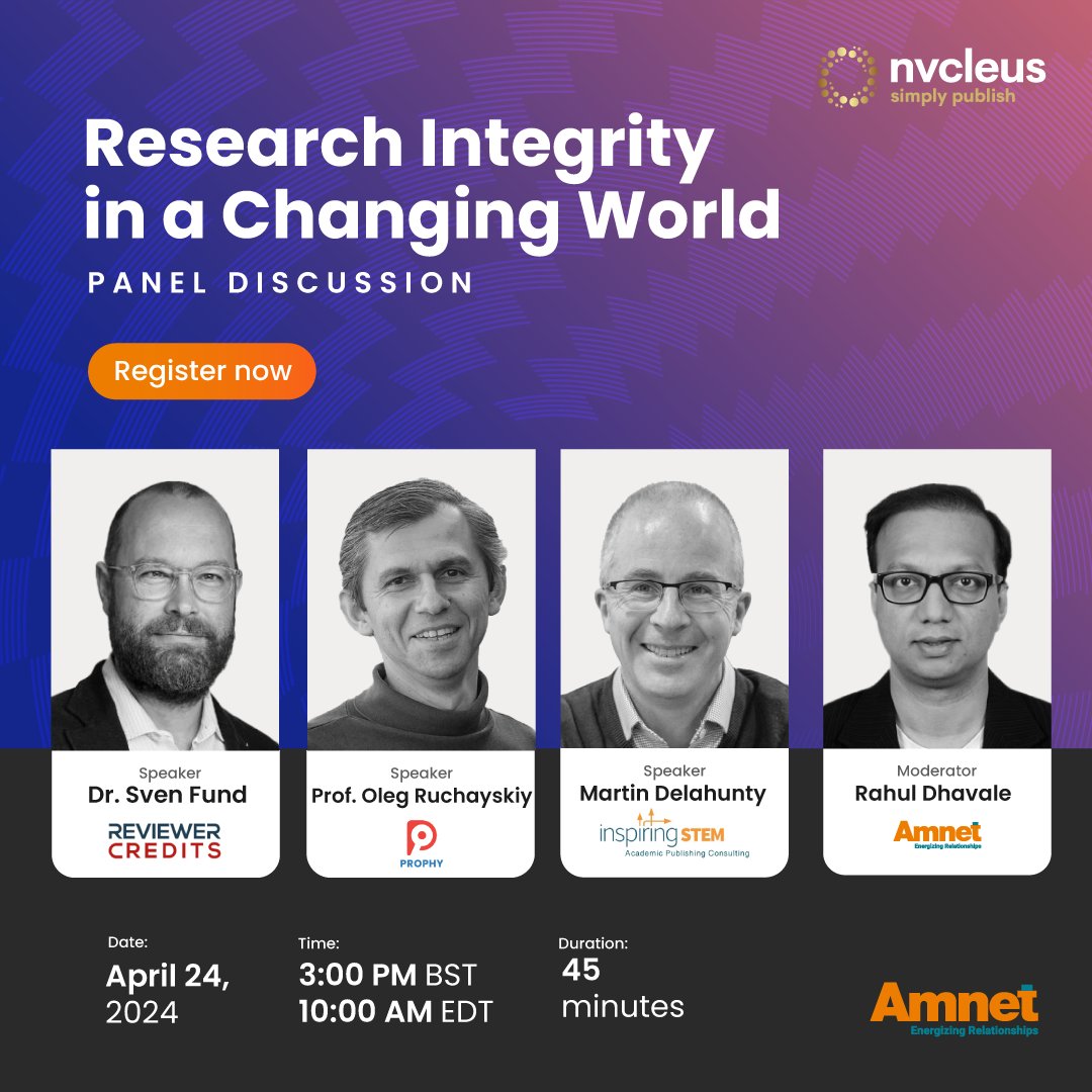 Nvcleus1's tweet photo. Explore the evolving landscape of research integrity and its impact on #ScholarlyPublishing. Join us for an engaging Panel Discussion on 'Research Integrity in a Changing World‘ on April 24, 2024, 3:00 p.m BST / 10:00 a.m EDT. Register now: https://t.co/pYYfO078q4

#peerreview https://t.co/Oxn5KpS3Cb