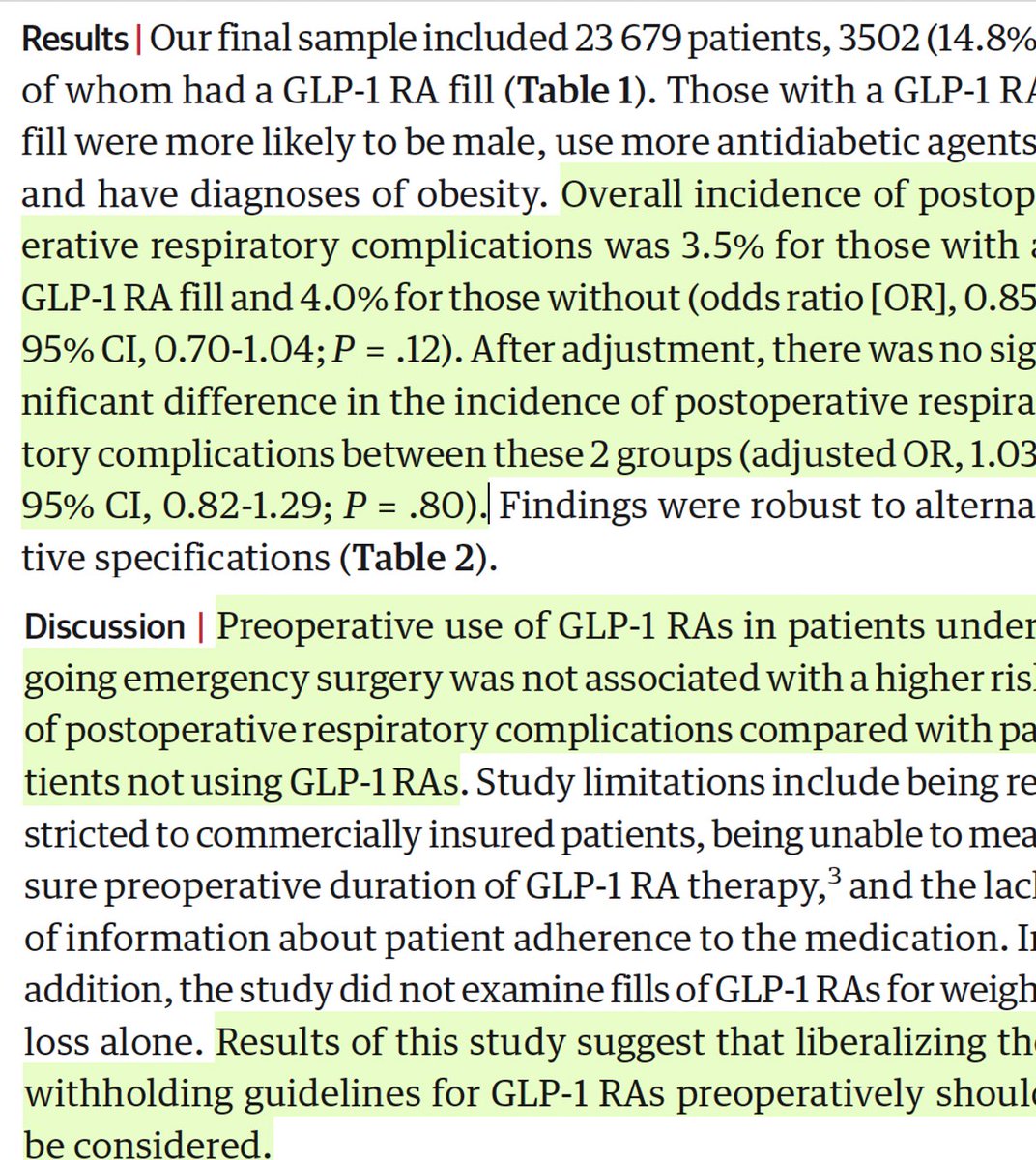 Eric Topol (@erictopol) on Twitter photo Owing to concerns for aspiration and delayed gastric emptying, GLP-1 drugs are recommended to be withheld before surgery. New data suggest this may not be necessary
jamanetwork.com/journals/jama/… <a href="/JAMA_current/">JAMA</a> <a href="/aadixit/">Anjali Dixit, MD, MPH</a> <a href="/stanfordanes/">Stanford Anesthesiology</a> Owing to concerns for aspiration and delayed gastric emptying, GLP-1 drugs are recommended to be withheld before surgery. New data suggest this may not be necessary
jamanetwork.com/journals/jama/… <a href="/JAMA_current/">JAMA</a> <a href="/aadixit/">Anjali Dixit, MD, MPH</a> <a href="/stanfordanes/">Stanford Anesthesiology</a>