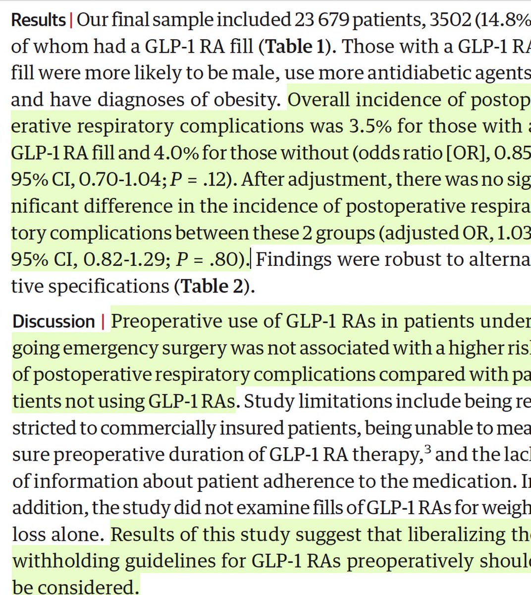 Owing to concerns for aspiration and delayed gastric emptying, GLP-1 drugs are recommended to be withheld before surgery. New data suggest this may not be necessary jamanetwork.com/journals/jama/… @JAMA_current @aadixit @stanfordanes