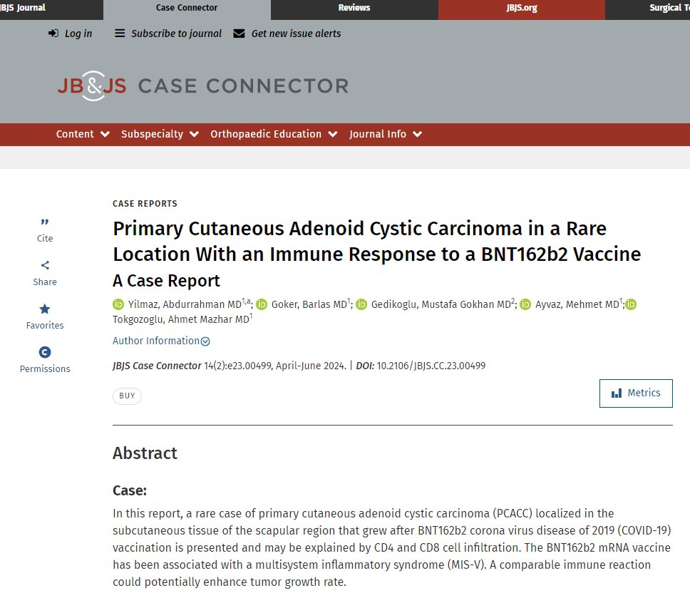 Primary cutaneous adenoid cystic carcinomas are rare tumors with unique locations.

'primary cutaneous adenoid cystic carcinoma localized in the subcutaneous tissue of the scapular region that grew after the #Pfizer BNT162b2 #mRNA vaccine.'

journals.lww.com/jbjscc/abstrac…