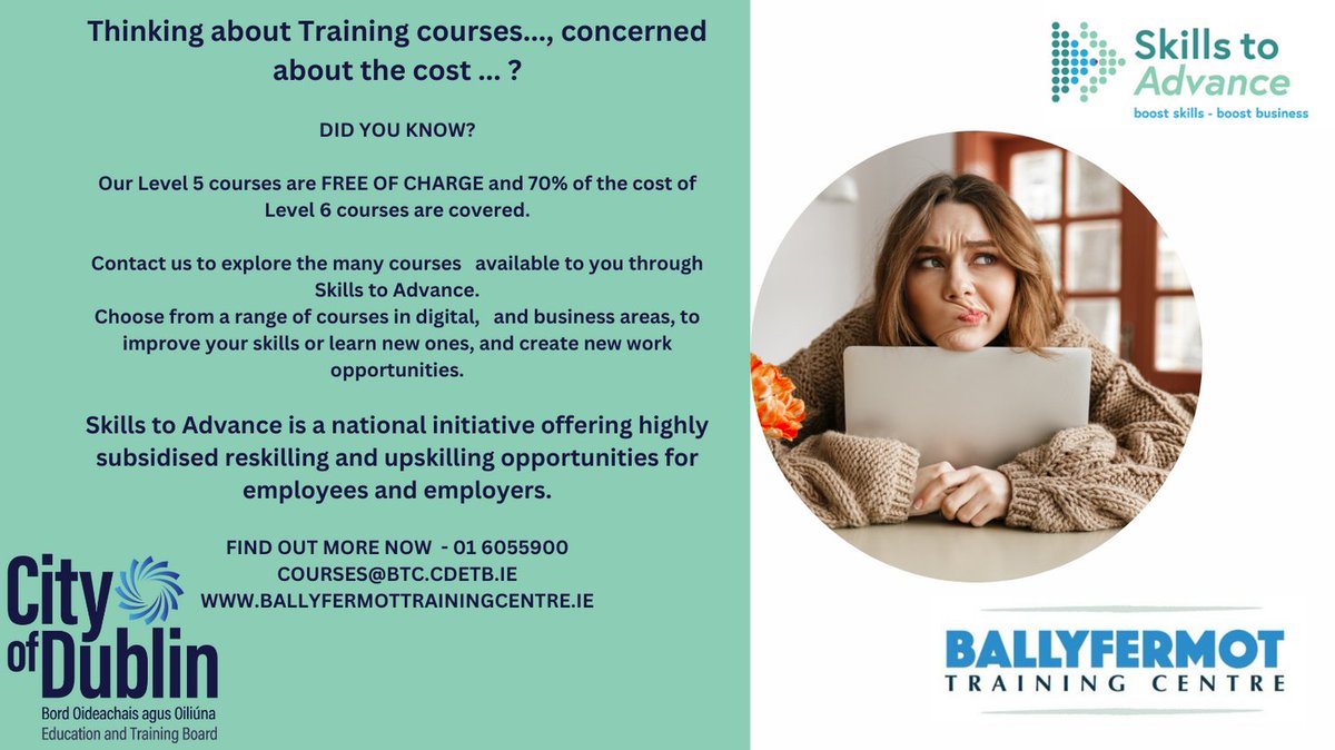 Skills to advance courses, highly subsidised training provided, online, nightcourses, part-time, live webinars, we have something to suit everyone
#ThisisFET #cityofdublinETB #learningworks #Skillstoadvance #solas