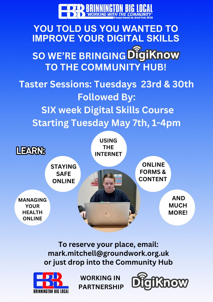 If you're a Brinnington resident who wants to improve your digital skills, DigiKnow are at the Community Hub tomorrow for the first session of our six week course. You can sign up by dropping in to speak to us or email Mark to reserve your space. @SMBC_Community @StockportHomes