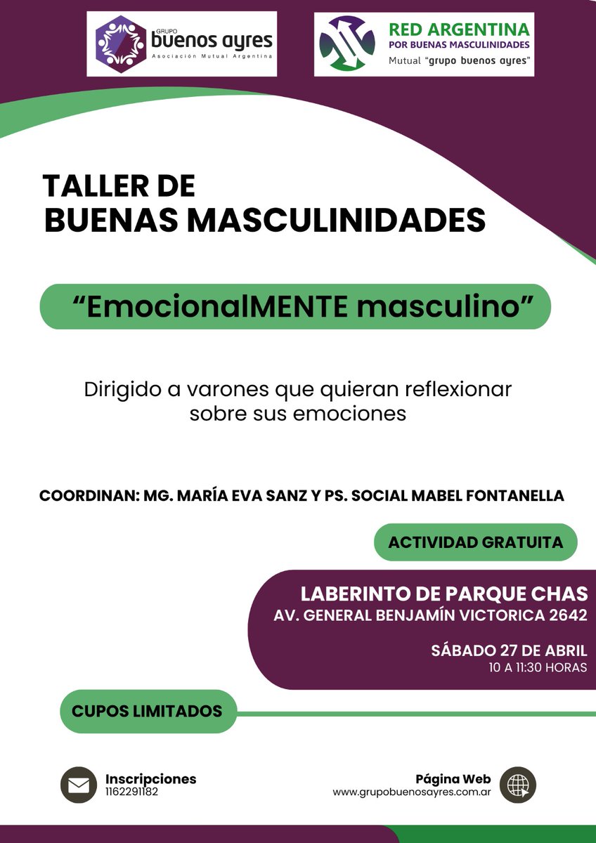mutualgba's tweet photo. ÚLTIMO TALLER GRATUITO
Red Argentina por Buenas Masculinidades

En el marco del Proyecto "Buenas Masculinidades desde la Economía Social y Solidaria", con apoyo del INAES, se realizará el siguiente taller gratuito:

📍 27/04, 10 horas - CABA
.
#masculinidades #asistenciaavarones https://t.co/rqlEy4Bput