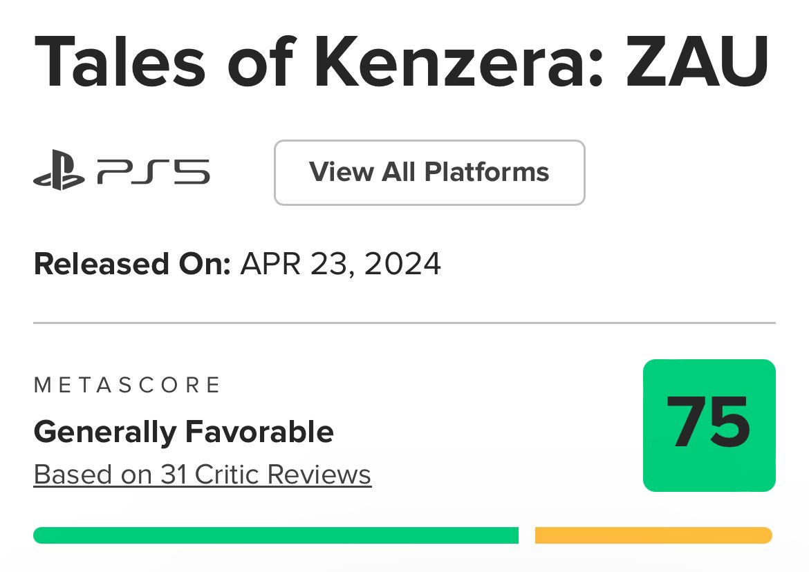 ▫️Tales of Kenzera: ZAU'nun inceleme puanları açıklandı! Metacritic: 75 Oyun, 23 Nisan'da çıkacak.