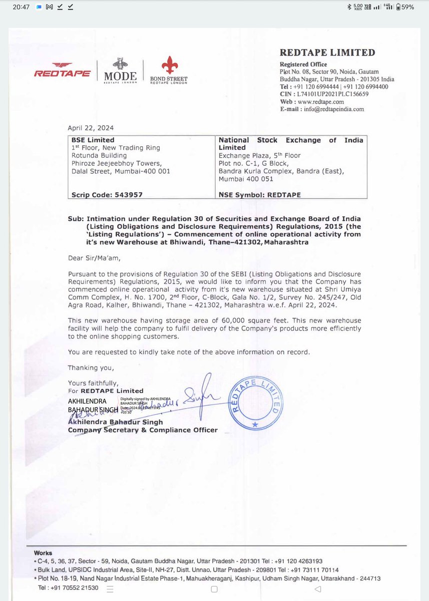 Stock: Redtape

' the Company has 
commenced online operational activity from it's new warehouse situated at Shri Umiya 
Comm Complex,

#Redtape  #stockmarket #stocks #investing #trading #investment #RRvMI   #Stocknews #Stockxwatcher #RelianceIndustries #Coolie