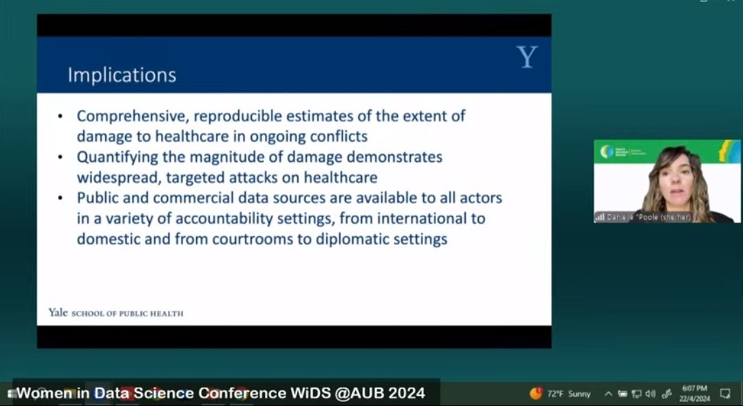 Dr. Danielle Poole highlights the #alarming issue of attacks on #healthcare facilities in modern #conflicts . Such #attacks, whether intentional or indiscriminate, violate #international #humanitarianlaw and constitute #WarCrimes. #HealthcareUnderAttack #AUBWIDS2024