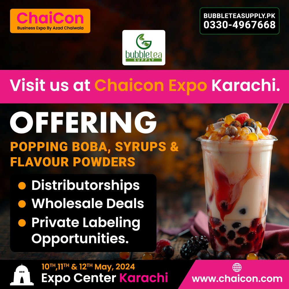Bubble Tea Supply Company is coming to ChaiCon Karachi (10-12 May 2024) - Book your stall: ChaiCon.com/book-stall (Stall Price 49,800).