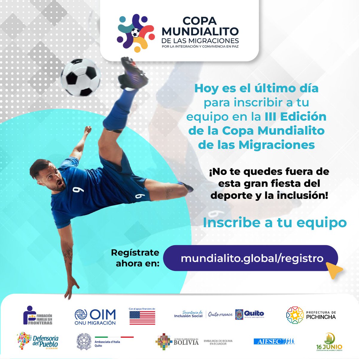 #MundialitoDeLasMigraciones | ¡Última llamada! 📢 Hoy se cierran las inscripciones para la III Edición de la Copa Mundialito de las Migraciones. 

Regístrate ahora de manera gratuita
bit.ly/RegistroMundia…