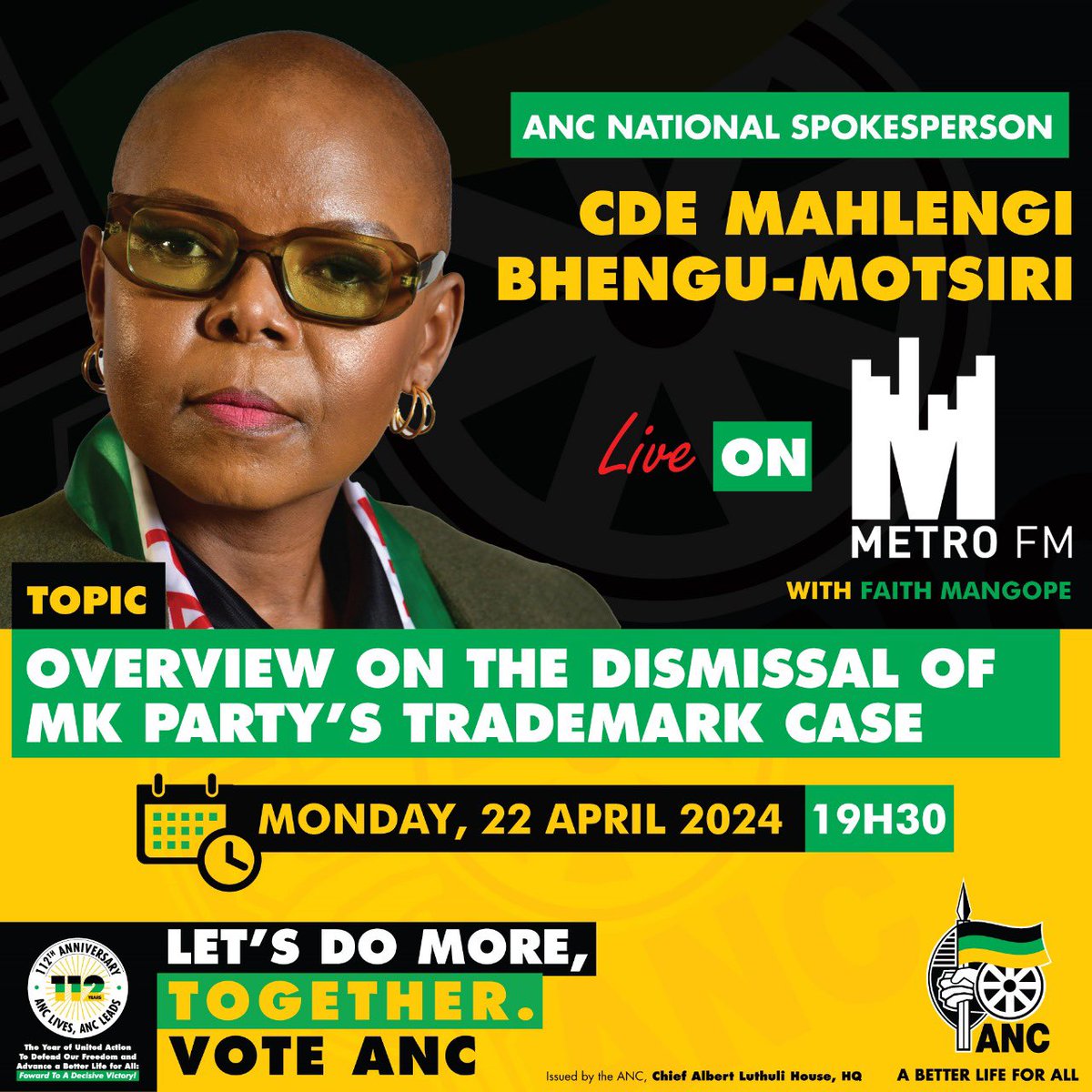 Catch the ANC National Spokesperson, Cde Mahlengi Bhengu-Motsiri live today on MetroFM at 19h30 as she gives an overview of the dismissal of the MK Party’s Trademark case #VoteANC #VoteANC2024 #LetsDoMoreTogether