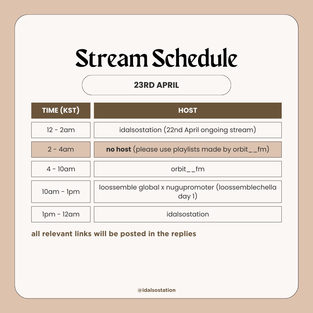 idalsostation's tweet photo. Stream Schedule: 23rd April

Today we will be hosting a lot of separate streams on different stations, here's an outline of what you can expect on @STATIONHEAD

#LOONAStreamingParty #LOOSSEMBLE @Loossemble_twt https://t.co/uKOOoTCn7A