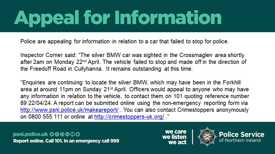 We are appealing for information in relation to a car that failed to stop for police in South Armagh.