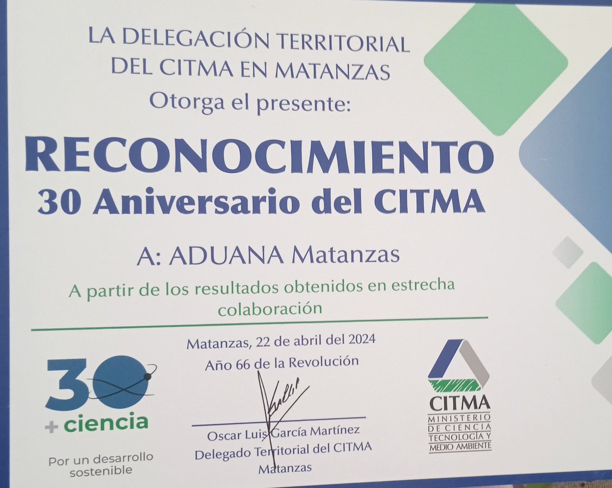 Por la destacada labor realizada en la gestión documental, la #AduanaMatanzas recibe el reconocimiento por parte del @matanzas_citma en su #30Aniversario, celebramos el compromiso con la ciencia y la tecnología para construir un futuro próspero y sostenible. #GenteQueSuman