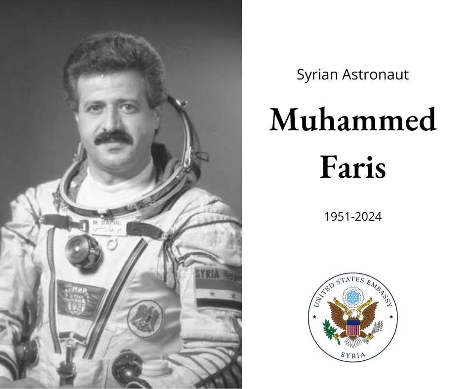 We send our condolences to the family & friends of Syrian astronaut Muhammed Faris. As the first Syrian to travel into space, Faris modeled his dedication to excellence & also advocated for freedom for the Syrian people. His passing is a great loss for Syrians & the entire world