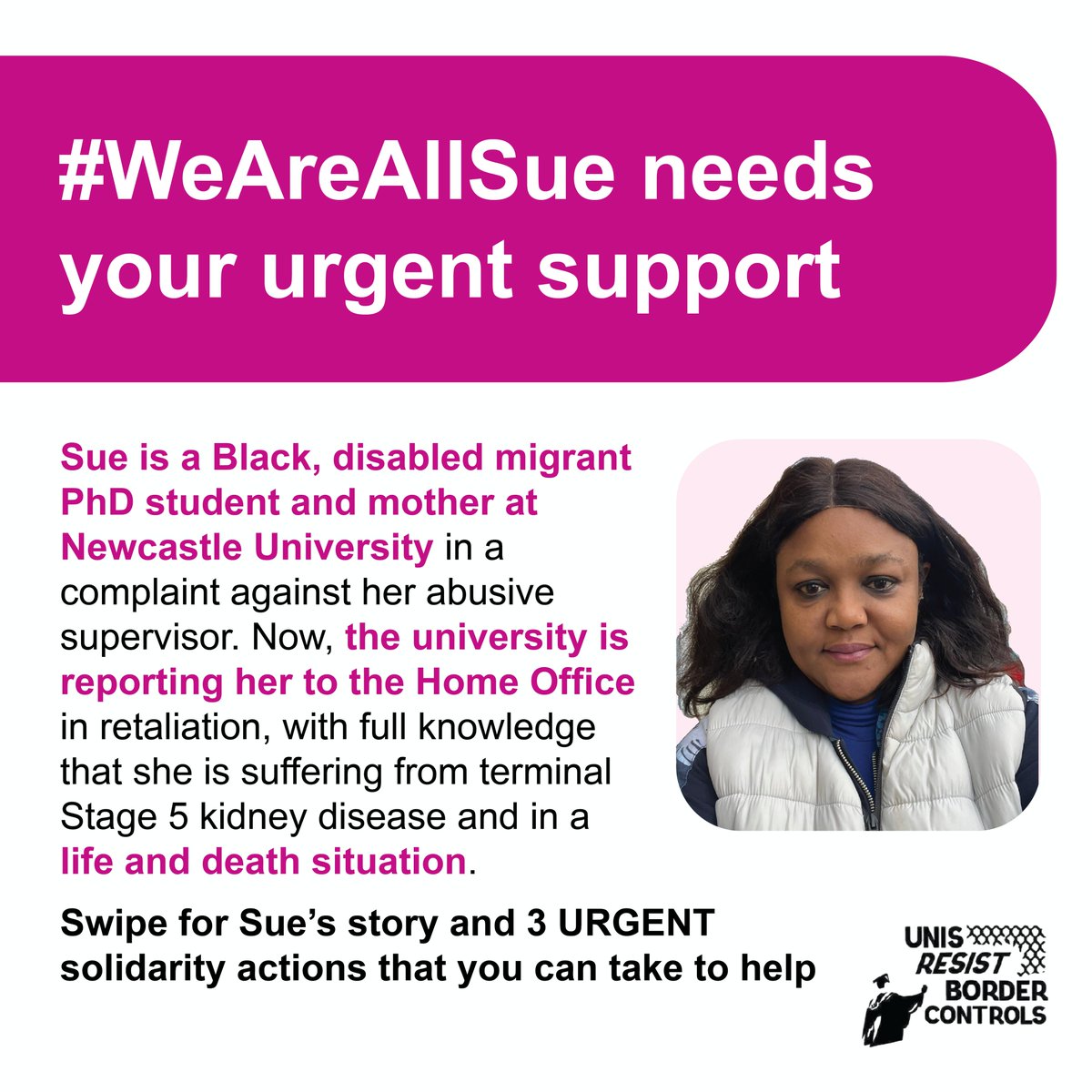 📢📢 URGENT: Sue is a Black disabled migrant PhD student & mother in complaint against an abusive supervisor. Now Newcastle University is reporting her to the Home Office in retaliation, fully knowing she suffers from terminal, life & death Stage 5 kidney disease 🧵#WeAreAllSue