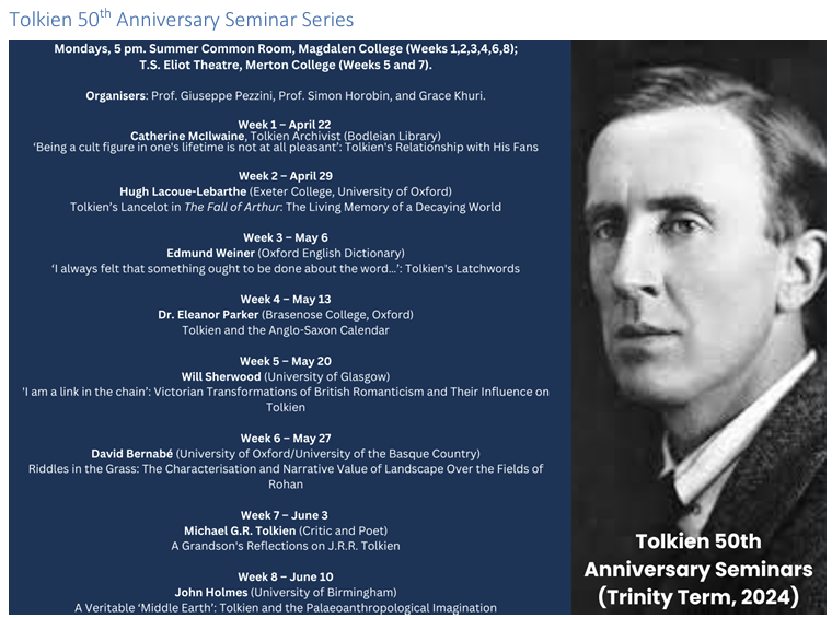 The Tolkien 50th Anniversary Seminar Series continue with @SCPHorobin, @edmund_weiner, @ClerkofOxford, @MrWillSherwood, and others. 📆 Mondays ⌚️ 5pm 📌 @magdalenoxford / @MertonCollege @engfac @MedEngOxon