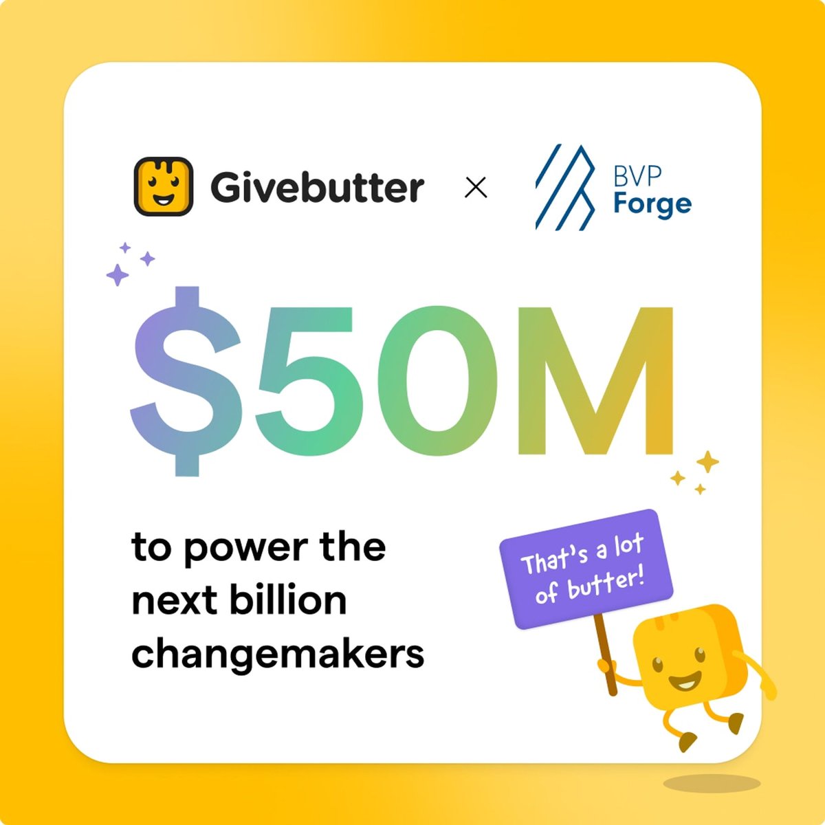 Big news, changemakers! 

<a href="/BessemerVP/">Bessemer</a> is investing $50M in the future of Givebutter! 🤩  

With this new dough, we're going to churn out innovation and make our all-in-one fundraising &amp; CRM platform butter than ever: tinyurl.com/4x8m3bau 

🎶 Doughn’t stop believing 🎶