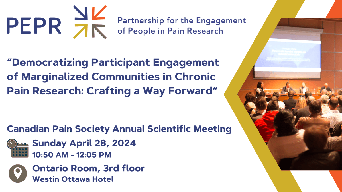 Excited for #CanadianPain24! Please join us for “Democratizing Participant Engagement of Marginalized Communities in Chronic Pain Research: Crafting a Way Forward” with @doc_sud @FionaWebster1 @paularowland121 @leighacomer1 and Desmond Williams. Apr 28, 10:50-12:05, Ontario Room