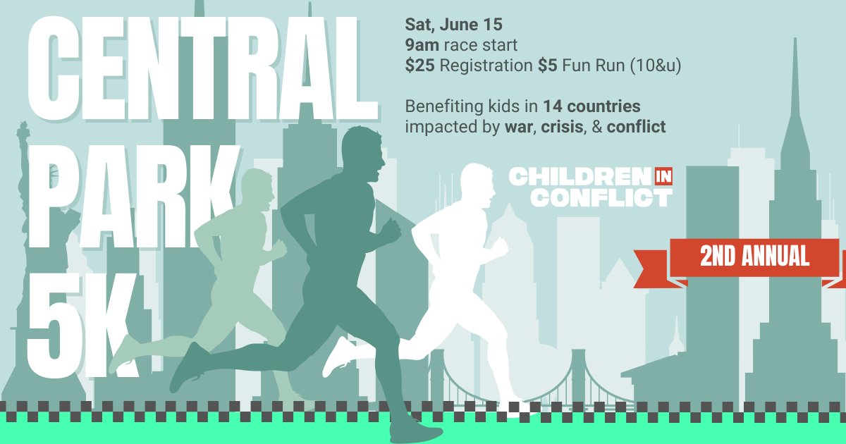 We're just under 2 months out from our 2nd Annual #5k! Run, jog, and walk with us as we raise with every step for children in 14 countries impacted by crisis, conflict, and war. 🏃 Saturday, June 15, 9am Race Start 🌳 Central Park, NYC 🎟️ childreninconflict.org/5k