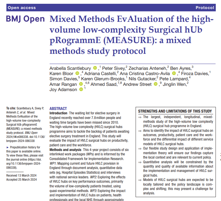 Hello world! We are the @MeasureStudy, an @NIHRresearch funded study led by @joyadamson_ytu and @petesivey at @HealthSciYork and @CHEYork. We are evaluating the high-volume low-complexity surgical hub programme run by @NHSEngland. Our protocol was just published: