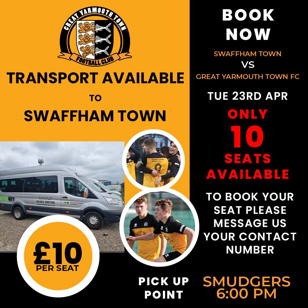 TRANSPORT AVAILABLE Anyone interested in going to tomorrows 1st team match away against Swaffham Town we have 10 seats available on our minibus. Just £10 per seat. Leaving smudgers at 6pm. To book your seat please message us your name & contact number, we will call you to arrange