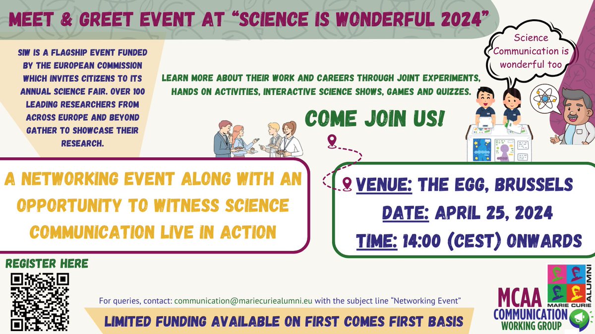 #MCAA member, join us for an in-person Meet &amp; Greet event as part of the #ScienceIsWonderful fair!

🗓️ This Thursday, April 25
⏰ 14:00 CEST onwards
📍 <a href="/TheEggBrussels/">The EGG Brussels</a>

Limited funding is available on a first-come-first-serve basis ❗️

Register now: forms.monday.com/forms/08ba02ff…