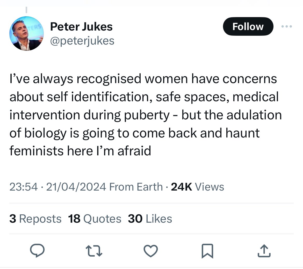 Good lord how is it apparently so impossible for some left wing men to understand that women understanding that much of our oppression is rooted in our sex - ie our different biology - is not “adulation of biology”? Why are they so impervious to this utterly basic point? 🙄