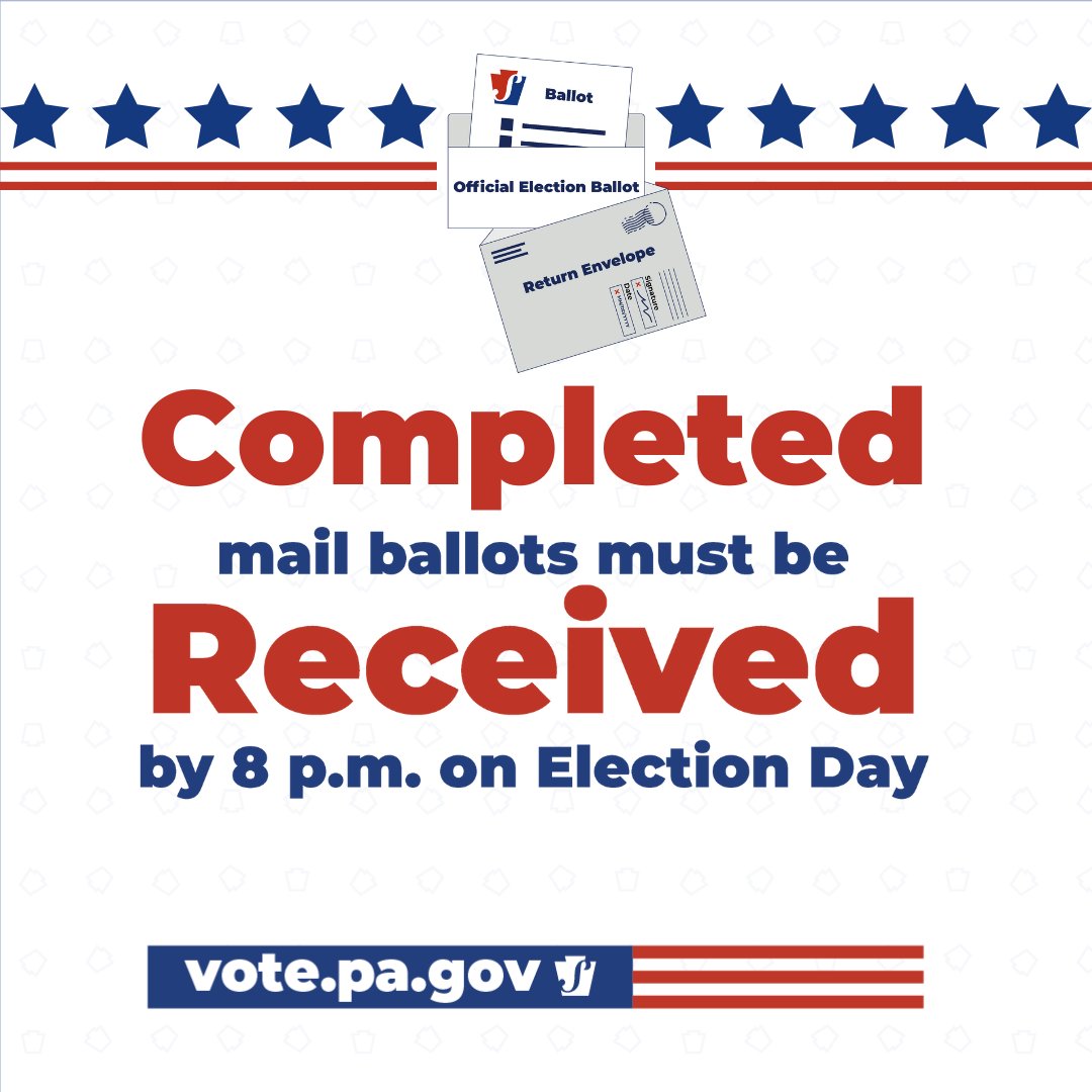 Don’t wait until the last minute to return your completed mail ballot. Mail ballots must be RECEIVED by your county board of elections by 8 p.m. Election Day. A postmark is not sufficient. Find places to return your completed mail ballot: vote.pa.gov/ReturnBallot #ReadytoVotePA