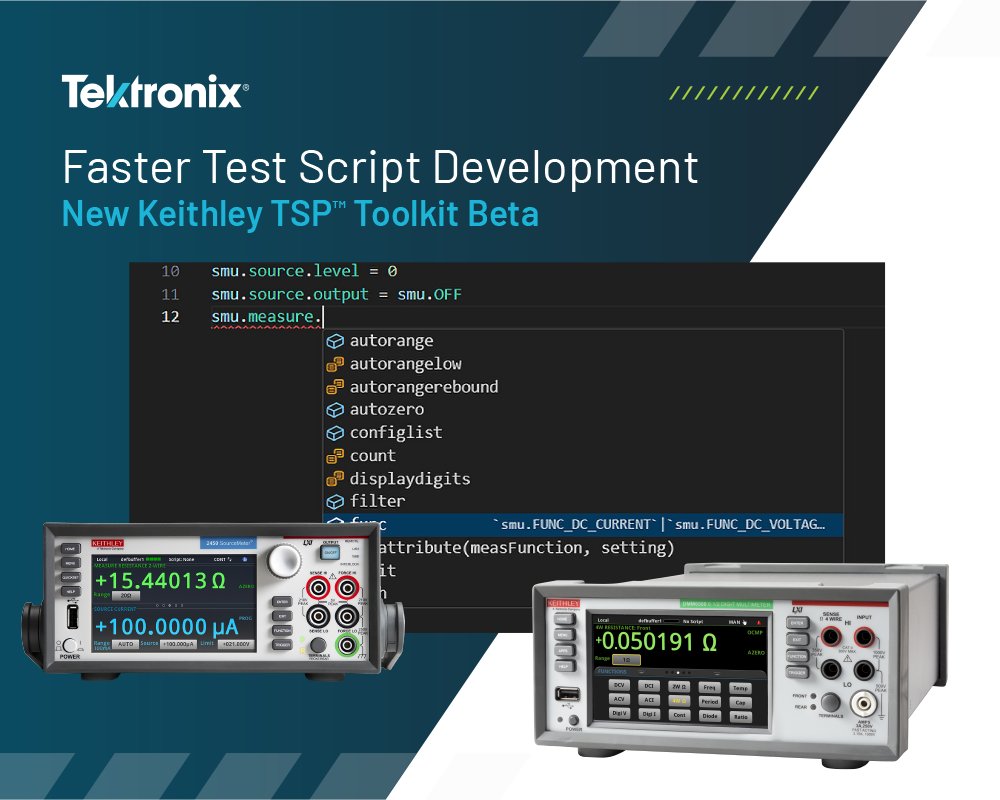 tektronix's tweet image. If you want faster test script development while automating Keithley SMUs, DAQs, or DMMs, read our blog &amp;amp; learn how to quickly develop test scripts with the new Keithley TSP Toolkit Beta. bit.ly/3UaZxMx #SourceMeasureUnit #DataAcquisitionSystems #DigitalMultimeter