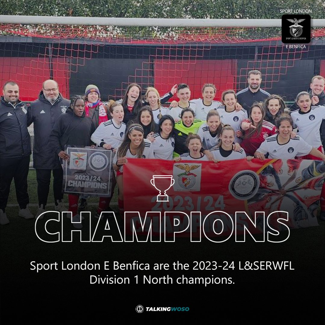 CHAMPIONS! London Sport E Benfica are the 2023-24 London & South East Regional Women's Football League Division One North champions. Promotion to the fifth tier secured! Congratulations on a fantastic season @LondonBenficaFC. 📸 PrimeMedia