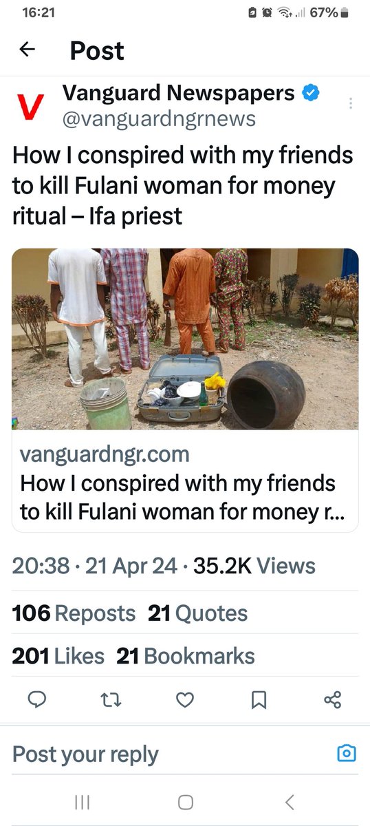 BREAKING NEWS: 21/4/2024. A YORUBA traditionalist, Mr Onifade Oyekanmi, has narrated how he collaborated with his friends to kill a 45-year-old Fulani woman, Usman Aminat for money ritual in Osun state. Yoruba and money rituals be like 5 and 6.