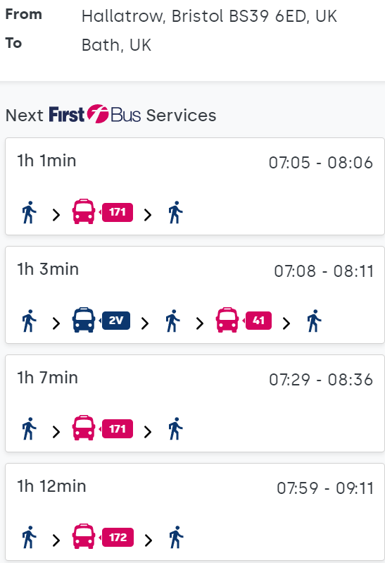 It takes over an HOUR to get into Bath from Hallatrow (not where I live - I'd have to walk/cycle there) by @FirstBSA, a journey less than 10 miles. It's ridiculous, and it makes commuting by bus unrealistic. This is why people drive - no alternatives. @bathnes