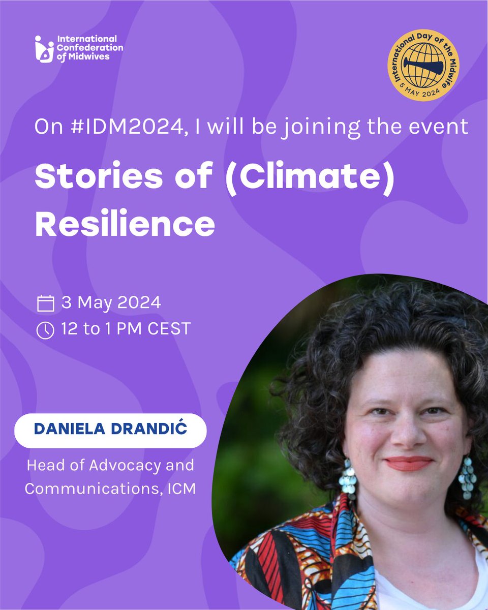 I am proud to be moderating @world_midwives #IDM2024 event titled 'Stories of (Climate) Resilience' Join me and fellow midwives to discuss our role as first responders to the climate crisis and in creating more sustainable health systems! Register today ow.ly/52Mw50R22wy