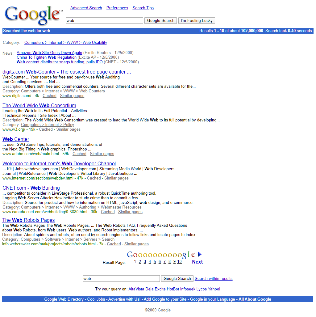 Google Search Results page in 2000