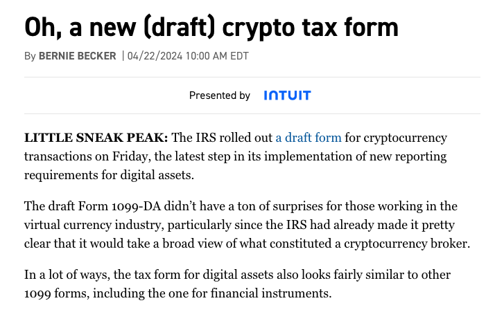 Oh, a @politico article that references Ledgible's Digital Asset Tax Information Reporting expertise. Read more about the new 1099-DA here: politi.co/3W4Sesr