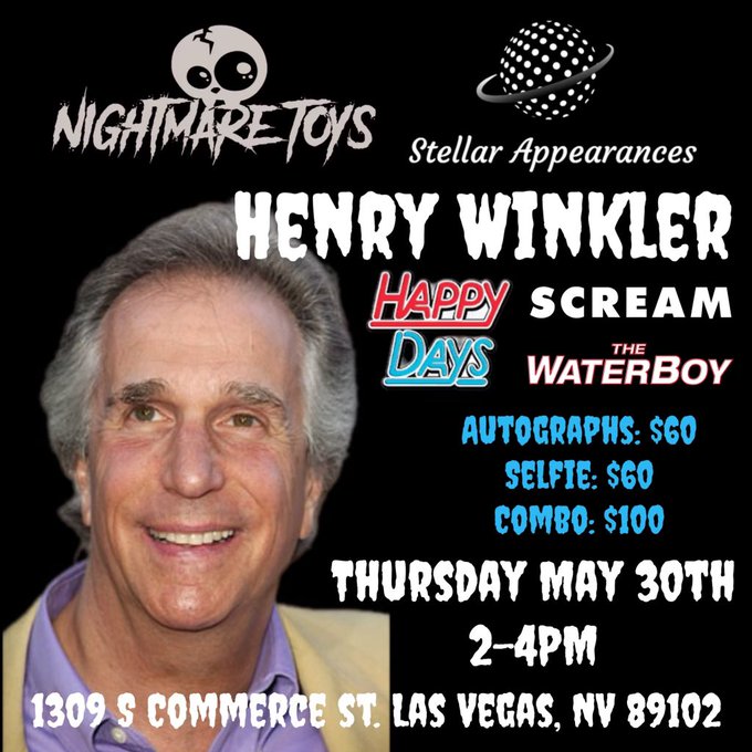 GUEST ANNOUNCEMENT: I&rsquo;m so excited to announce Henry Winkler will be at @nightmaretoys May 30th!! Scream<a href="/tag/horrorcommunity"class="tags"><span>#horrorcommunity</span></a><a href="/tag/eliroth"class="tags"><span>#eliroth</span></a><a href="/tag/linshaye"class="tags"><span>#linshaye</span></a>