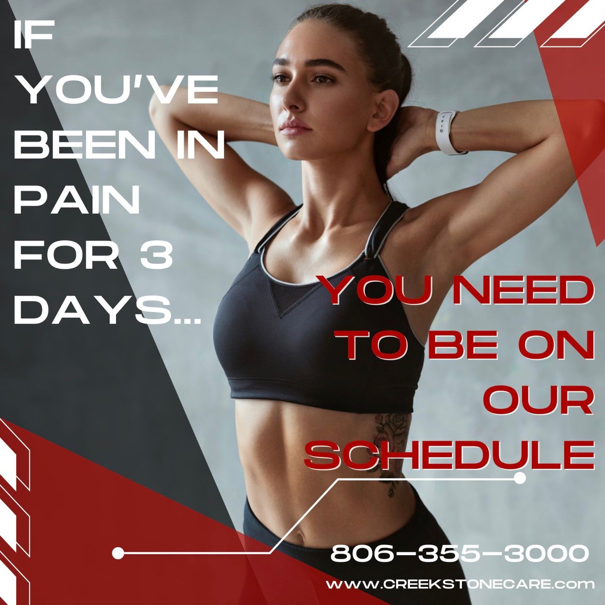 If you've been in pain for 3 days, you need to be on our schedule. 
Call us at 806-355-3000

Nobody's got time to hurt. 

#amarillo #amarillotx #amarillotexas