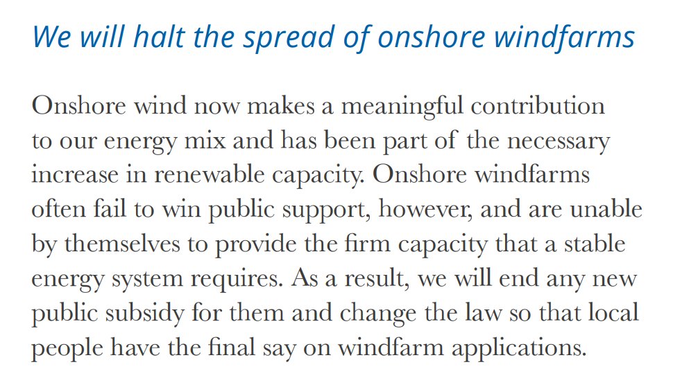 'We will halt the spread of onshore windfarms' was literally a marquee policy in the 2015 Tory Manifesto.

This from the self-proclaimed party of economic growth and freedom 🤡🤡🤡.