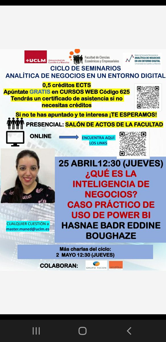 Este JUEVES a las 12:30 te esperamos en el Salón de Actos de la <a href="/ftaadcee_ab/">Facultad de Ciencias Económicas y Empresariales AB</a> (u online) para una conferencia muy interesante.
Hasnae de @TeconSoluciones nos hablará de PowerBI, software de Inteligencia de Negocios, y de algún caso de uso para tomar decisiones empresariales ¡VEN!